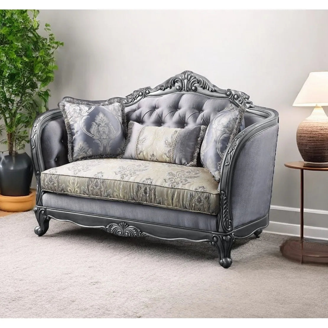 HMS 65" Gray Platinum Silk Loveseat & Toss Pillows - Loft&Timber