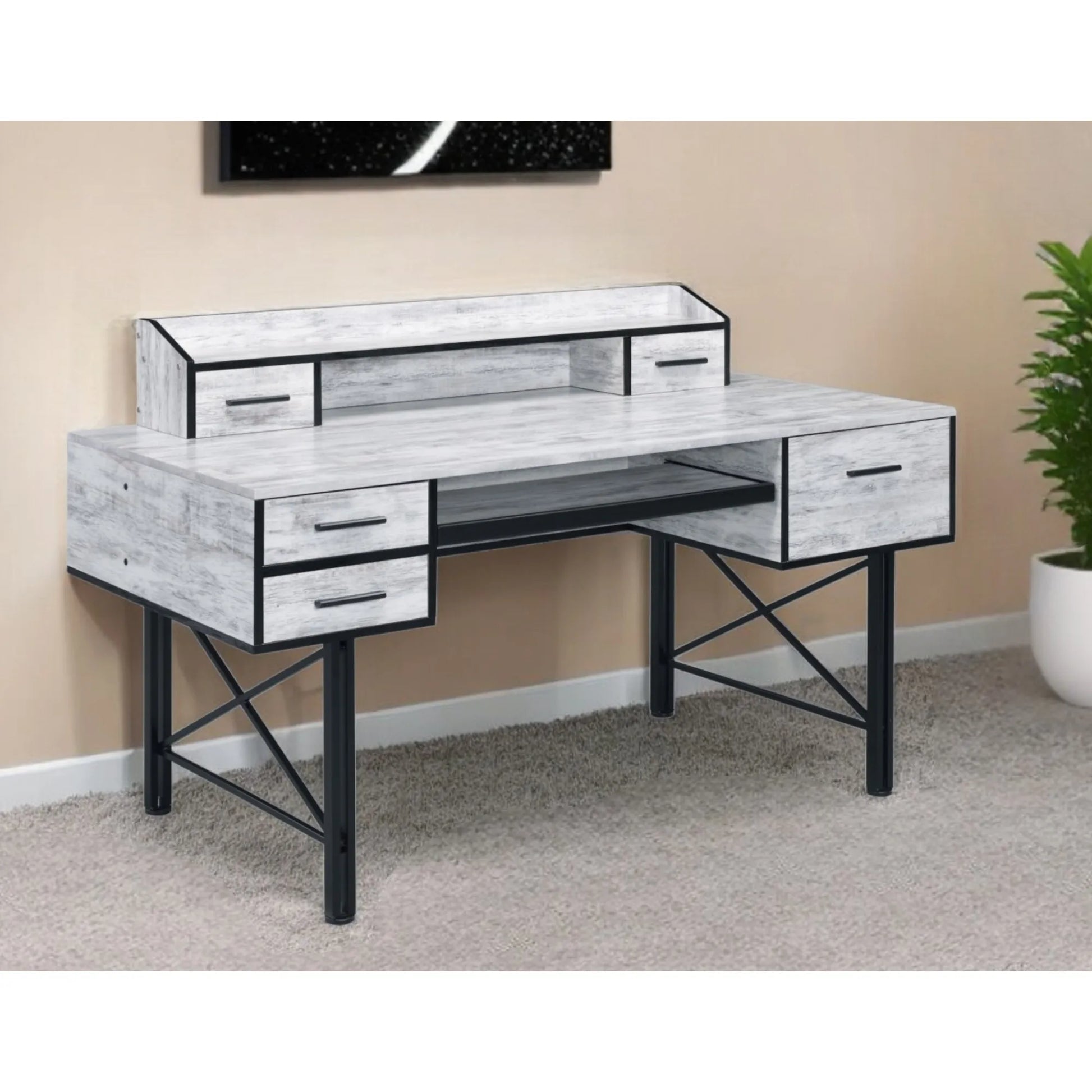 HMS 59" Antiqued White and Black Computer Desk with Five Drawers - Loft&Timber