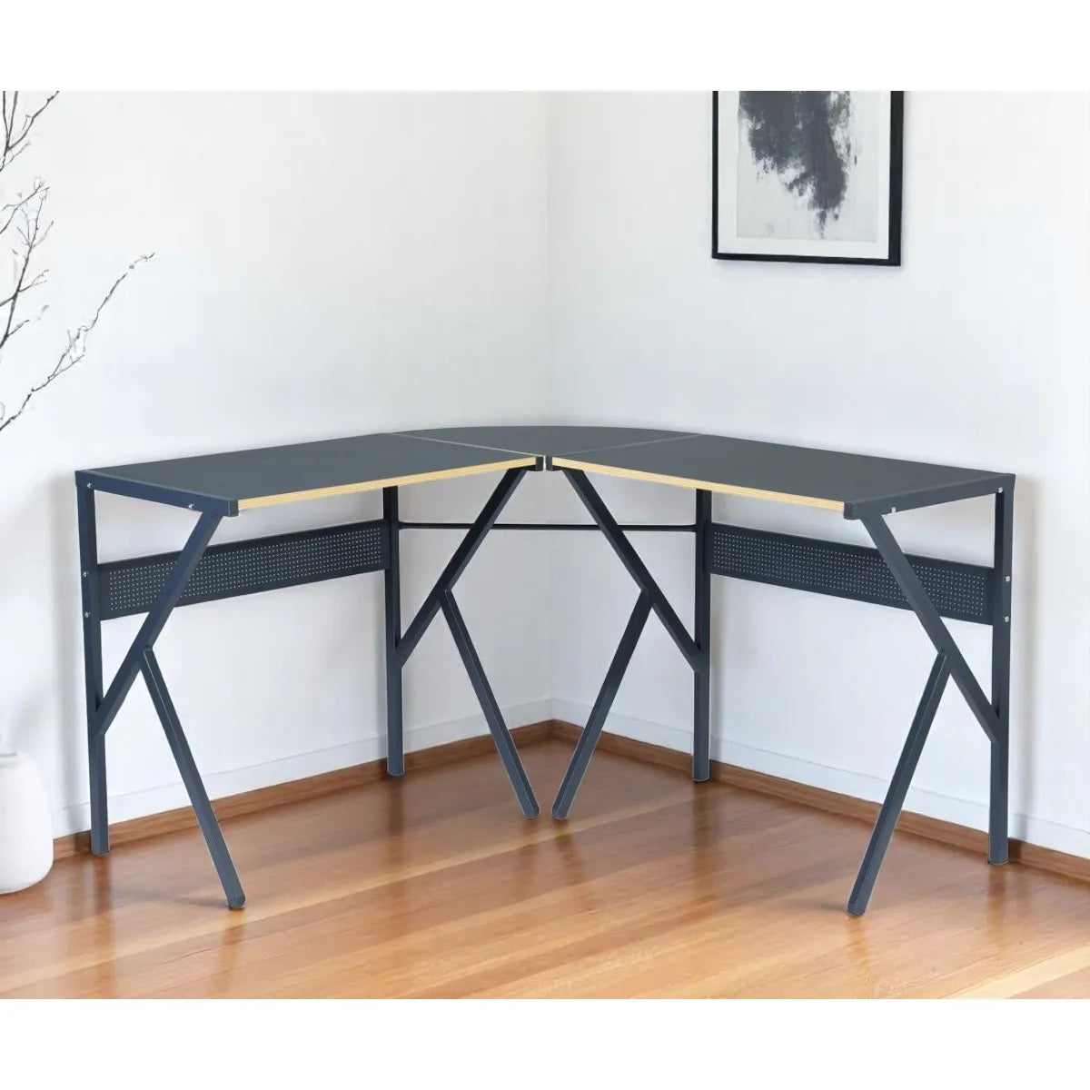 HMS 49" H-Shape Black Wood and Metal Corner Computer Desk - Loft&Timber