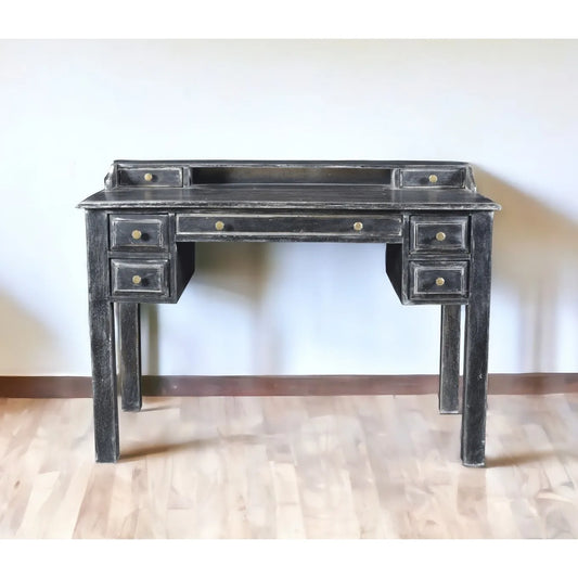 HMS 46" Solid Black Wood Writing Desk with Seven Drawers - Loft&Timber