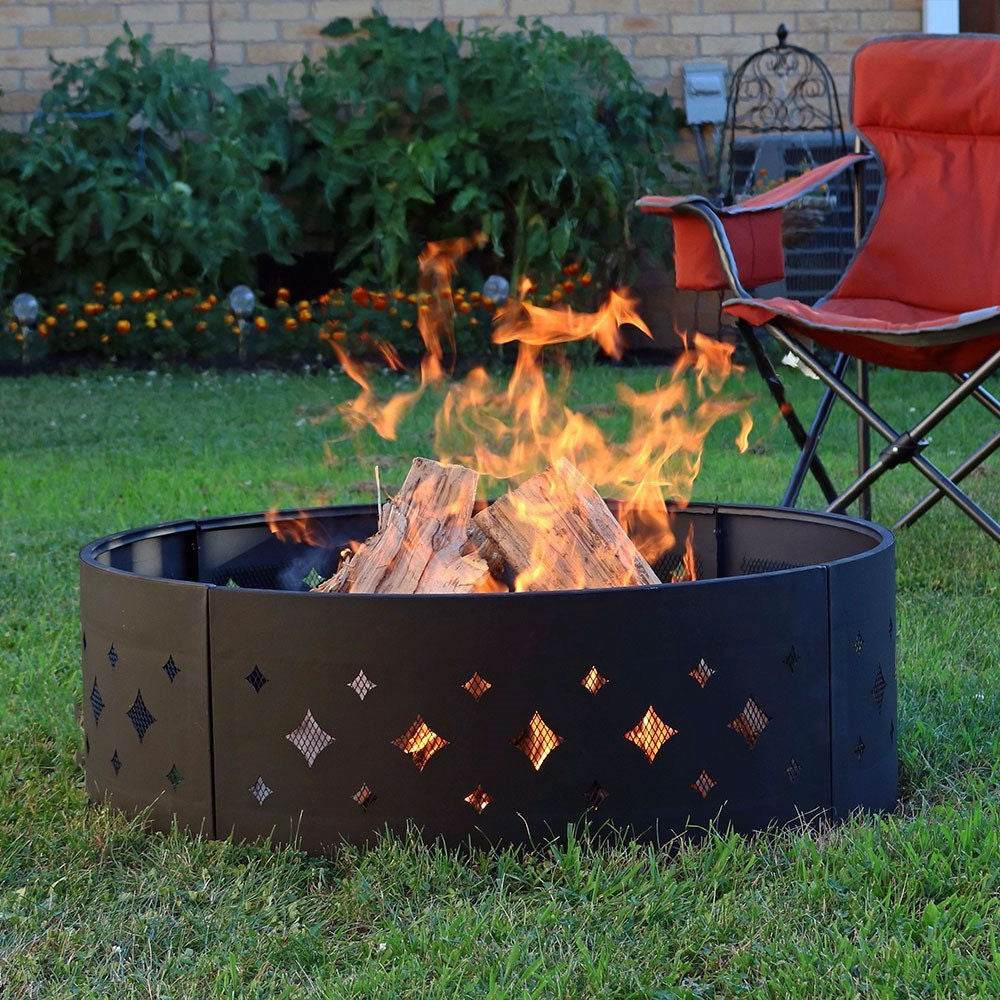 Heavy Duty 36-inch Black Steel Fire Pit Ring with Diamond Pattern - Loft&Timber