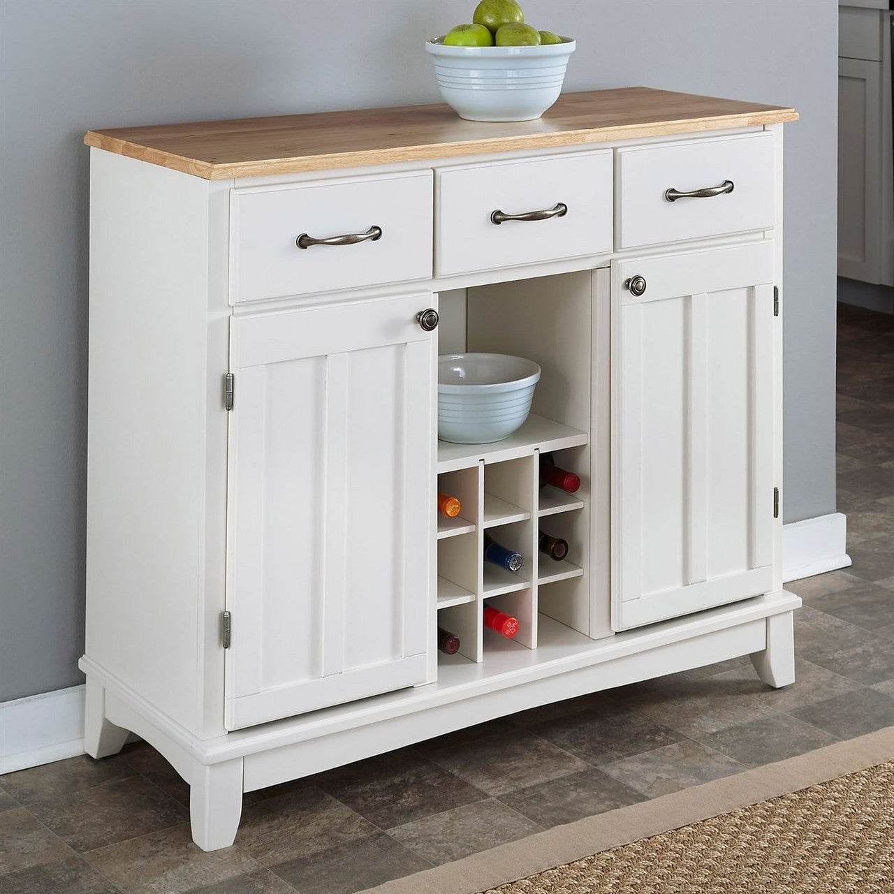 Natural Wood Top Kitchen Island Sideboard Cabinet Wine Rack in White - Loft&Timber