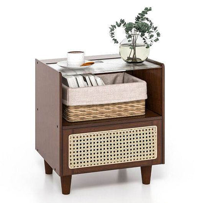 Bamboo Rattan Nightstand with Drawer and Solid Wood Legs-Natural - Loft&Timber