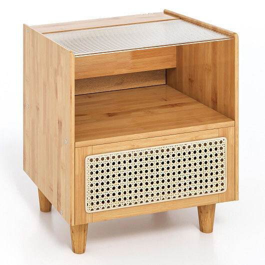 Bamboo Rattan Nightstand with Drawer and Solid Wood Legs-Natural - Loft&Timber