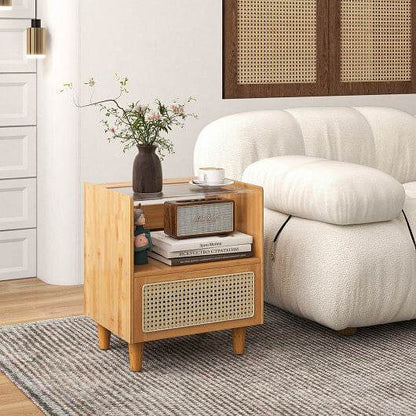 Bamboo Rattan Nightstand with Drawer and Solid Wood Legs-Natural - Loft&Timber