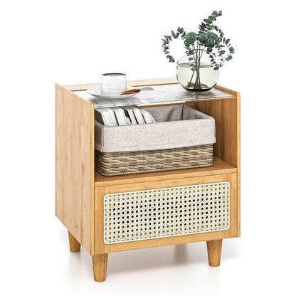 Bamboo Rattan Nightstand with Drawer and Solid Wood Legs-Natural - Loft&Timber