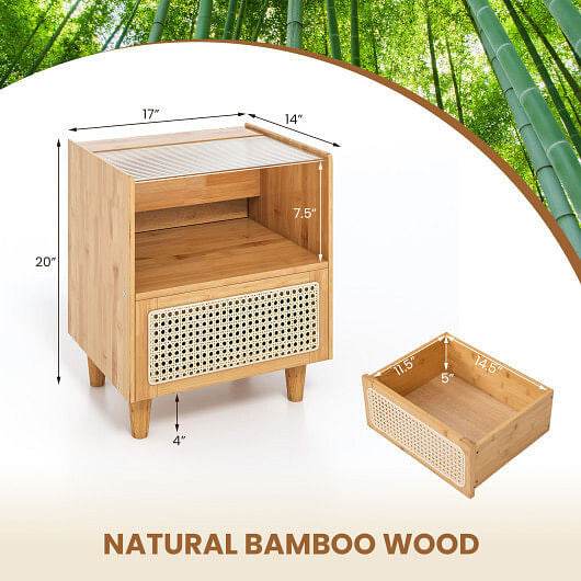 Bamboo Rattan Nightstand with Drawer and Solid Wood Legs-Natural - Loft&Timber