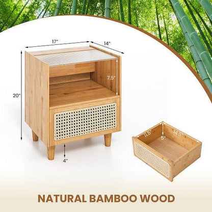 Bamboo Rattan Nightstand with Drawer and Solid Wood Legs-Natural - Loft&Timber