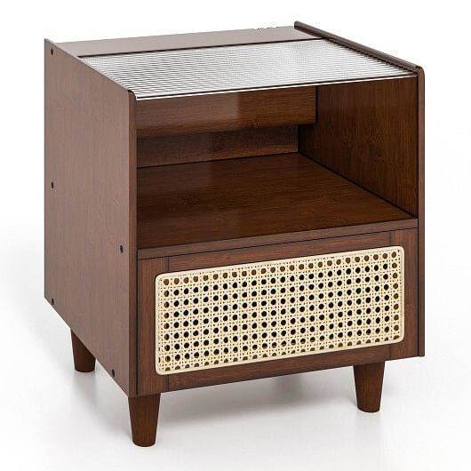 Bamboo Rattan Nightstand with Drawer and Solid Wood Legs-Natural - Loft&Timber