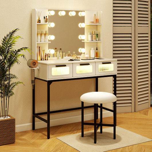 Bedroom Makeup Vanity Desk with Hollywood Mirror and Lights-White - Loft&Timber