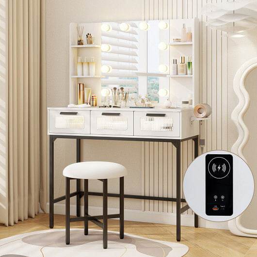 Bedroom Makeup Vanity Desk with Hollywood Mirror and Lights-White - Loft&Timber