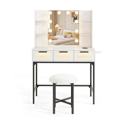 Bedroom Makeup Vanity Desk with Hollywood Mirror and Lights-White - Loft&Timber