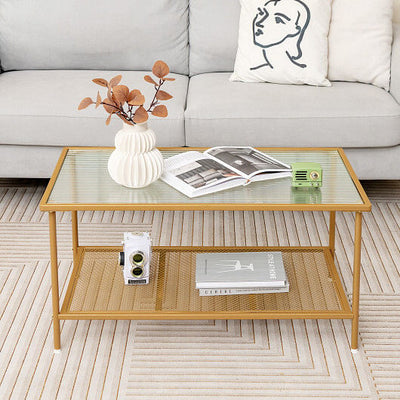 2-Tier Coffee Table with Shelf Center Tea Table with Tempered Glass Top-Golden-0