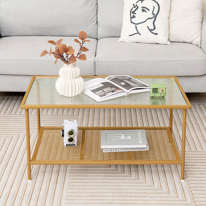 2-Tier Coffee Table with Shelf Center Tea Table with Tempered Glass Top-Golden-0