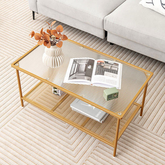 2-Tier Coffee Table with Shelf Center Tea Table with Tempered Glass Top-Golden-1