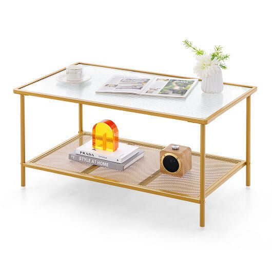 2-Tier Coffee Table with Shelf Center Tea Table with Tempered Glass Top-Golden-2