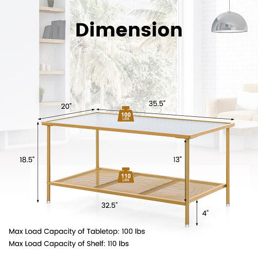 2-Tier Coffee Table with Shelf Center Tea Table with Tempered Glass Top-Golden-3