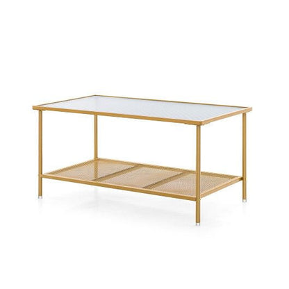 2-Tier Coffee Table with Shelf Center Tea Table with Tempered Glass Top-Golden-4
