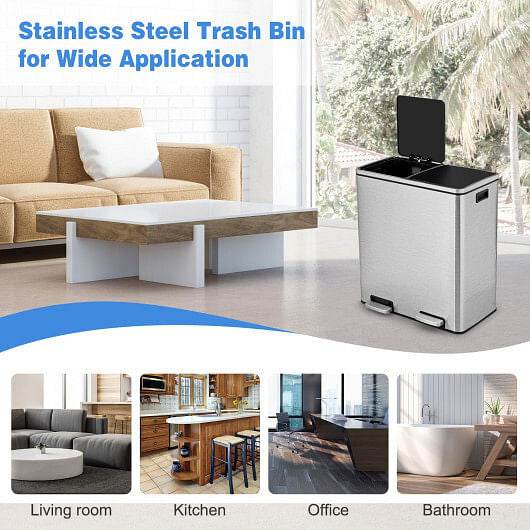 16 Gallon Dual Step Trash Can Recycling Double Bucket Pedal-Silver - Loft&Timber