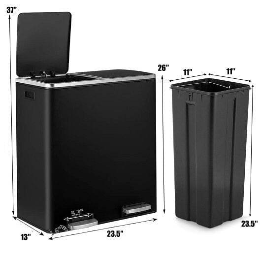 16 Gallon Dual Step Trash Can Recycling Double Bucket Pedal-Silver - Loft&Timber