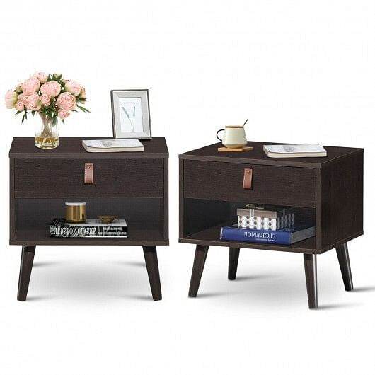 Nightstand Bedroom Table with Drawer Storage Shelf-Brown - Loft&Timber