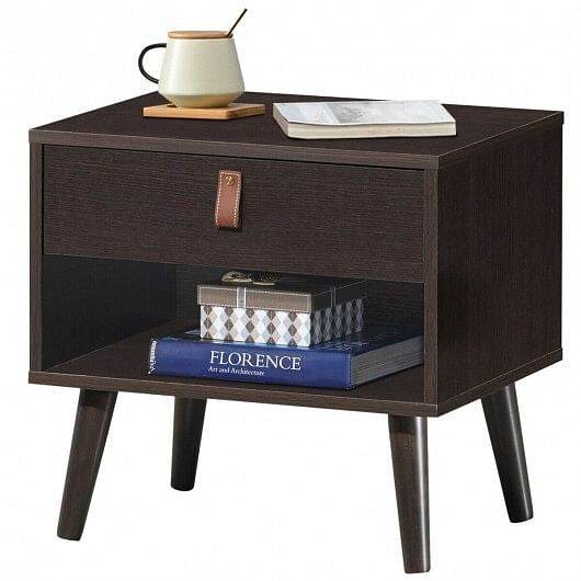 Nightstand Bedroom Table with Drawer Storage Shelf-Brown - Loft&Timber