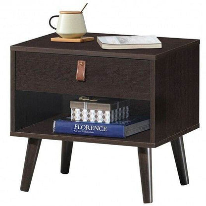Nightstand Bedroom Table with Drawer Storage Shelf-Brown - Loft&Timber