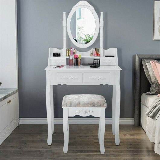 Vanity Table Set with Oval Mirror and 4 Drawers - Loft&Timber