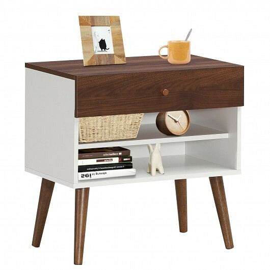 Mid-Century Nightstand with Drawer and Rubber Wood Legs - Loft&Timber