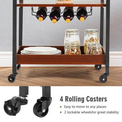 3 Tiers Kitchen Island Serving Bar Cart with Glasses Holder and Wine Bottle Rack - Loft&Timber