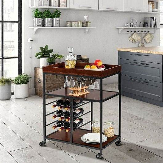 3 Tiers Storage Bar Serving Cart with Wine Rack - Loft&Timber