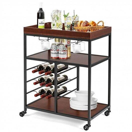 3 Tiers Storage Bar Serving Cart with Wine Rack - Loft&Timber