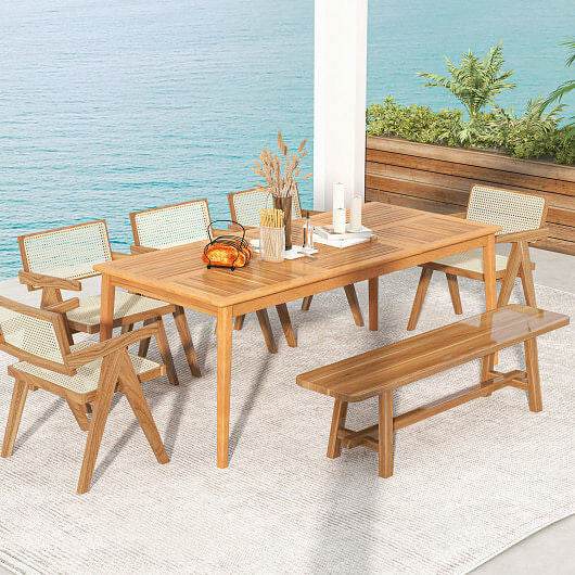 8-Person Outdoor Acacia Wood Dining Rectangular Bistro Table with Umbrella Hole-1