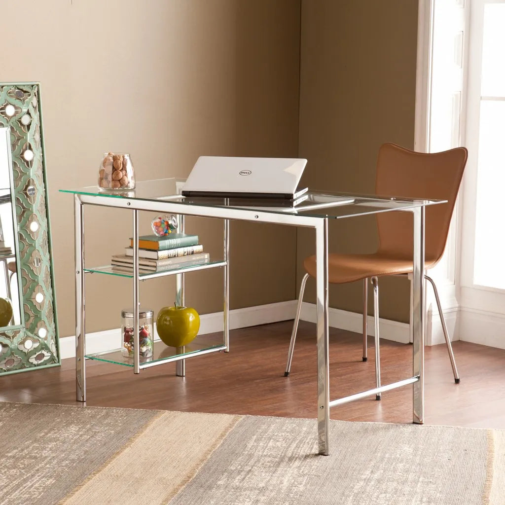 HMS 47" Writing Desk with Clear Silver Glass and Metal desksk - Loft&Timber
