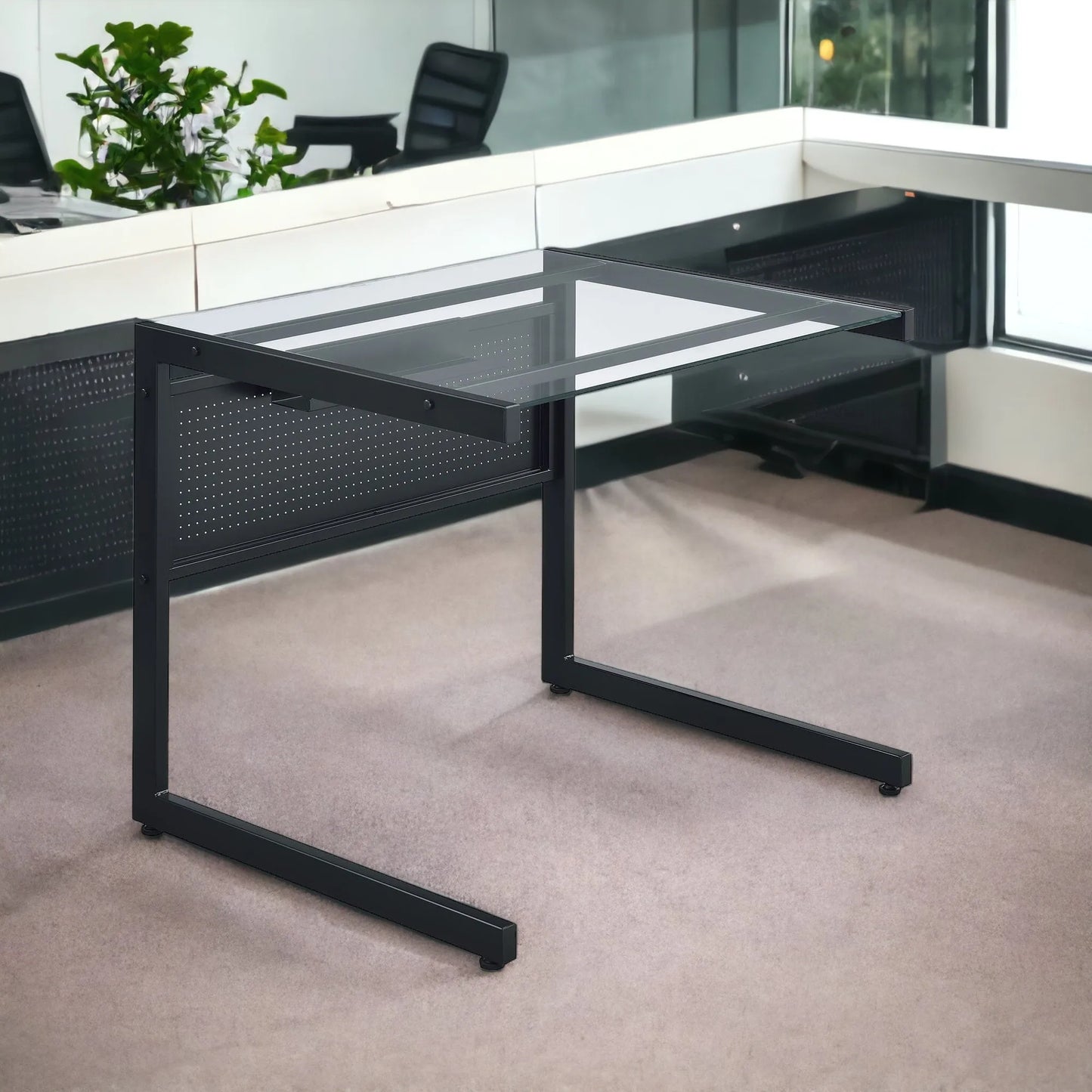 HMS 33" Clear and Black Glass Computer Desk with Stainless Steel Writing Surface - Loft&Timber