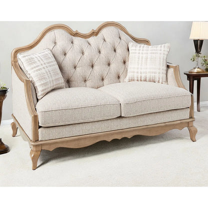 HMS 62" Beige and Brown Linen Chesterfield Loveseat and Toss Pillows - Loft&Timber
