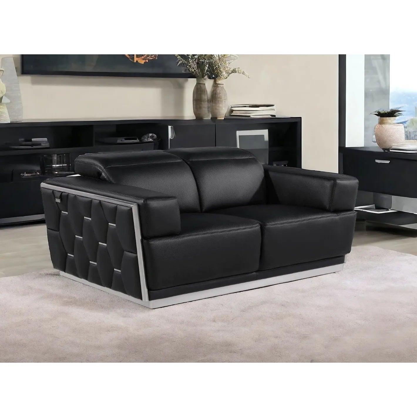 HMS 70" Black Silver Italian Leather Loveseat - Loft&Timber