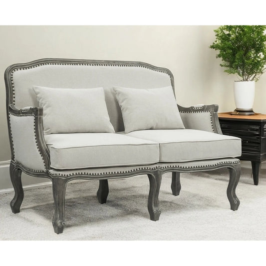 HMS 56" Cream and Gray Linen Loveseat with toss pillows - Loft&Timber