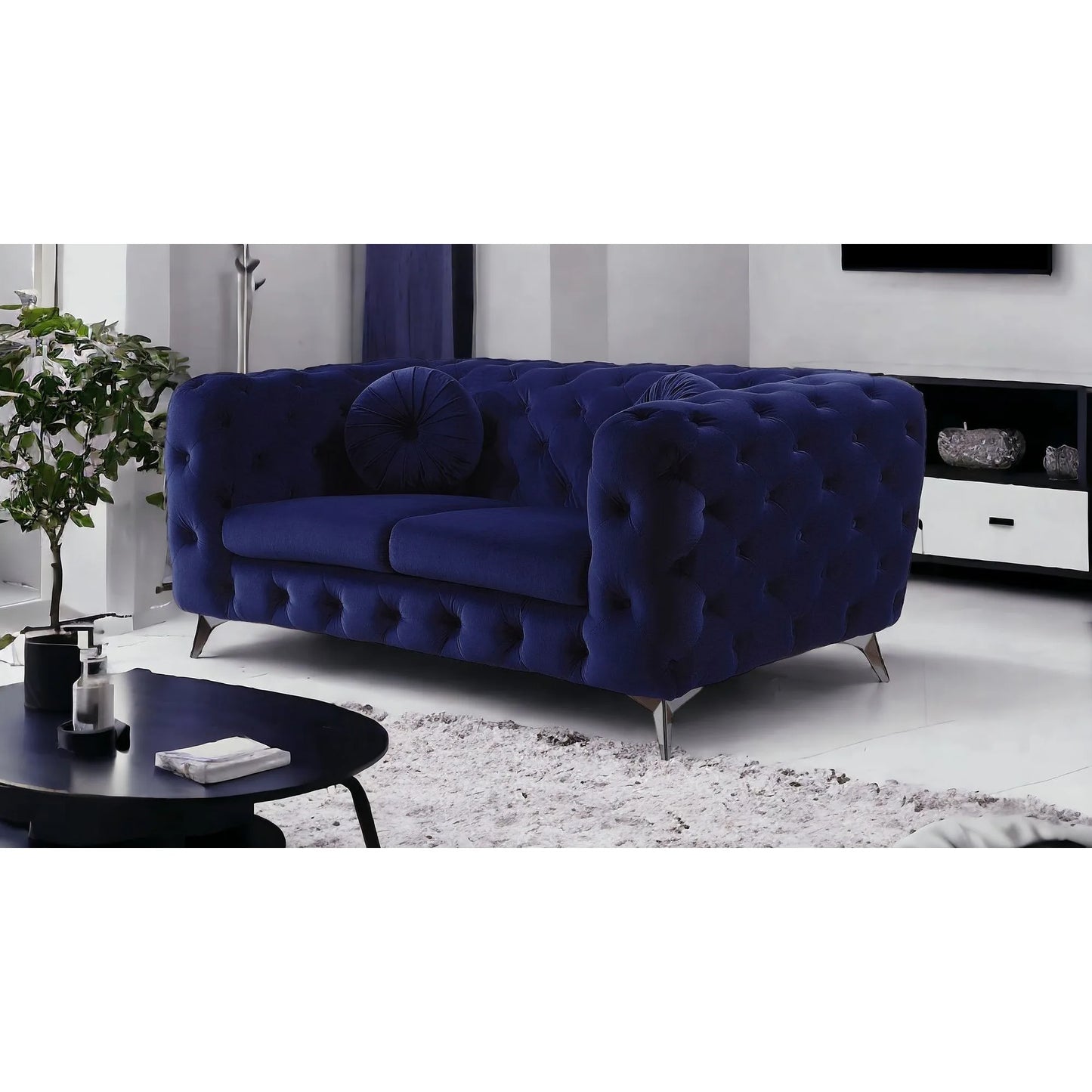 HMS 72" Blue and Silver Velvet Chesterfield Loveseat - Loft&Timber
