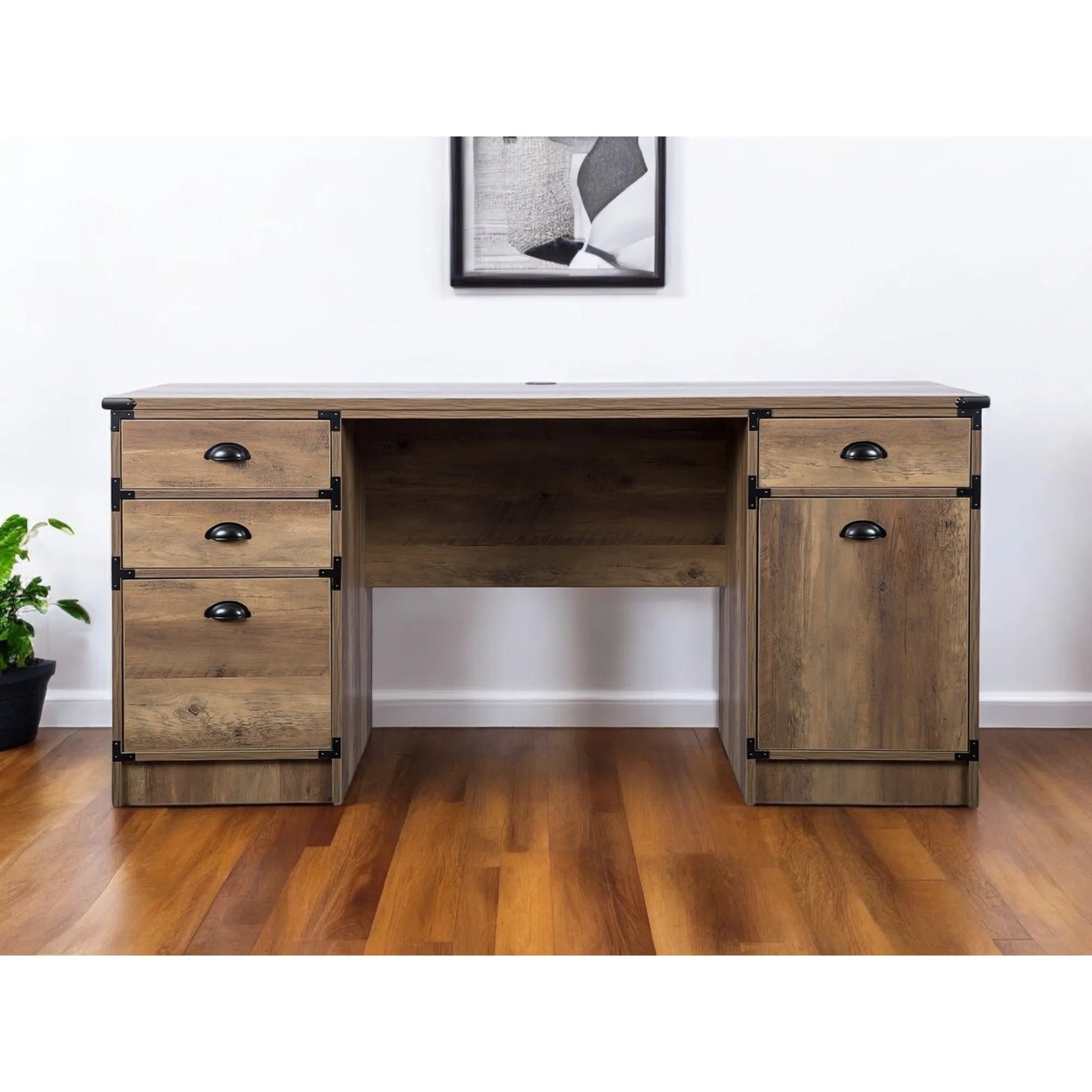 HMS 59" Oak Wood Pedestal Computer Desk - Loft&Timber