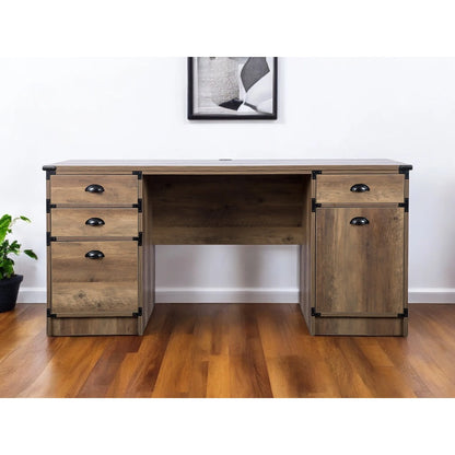 HMS 59" Oak Wood Pedestal Computer Desk - Loft&Timber