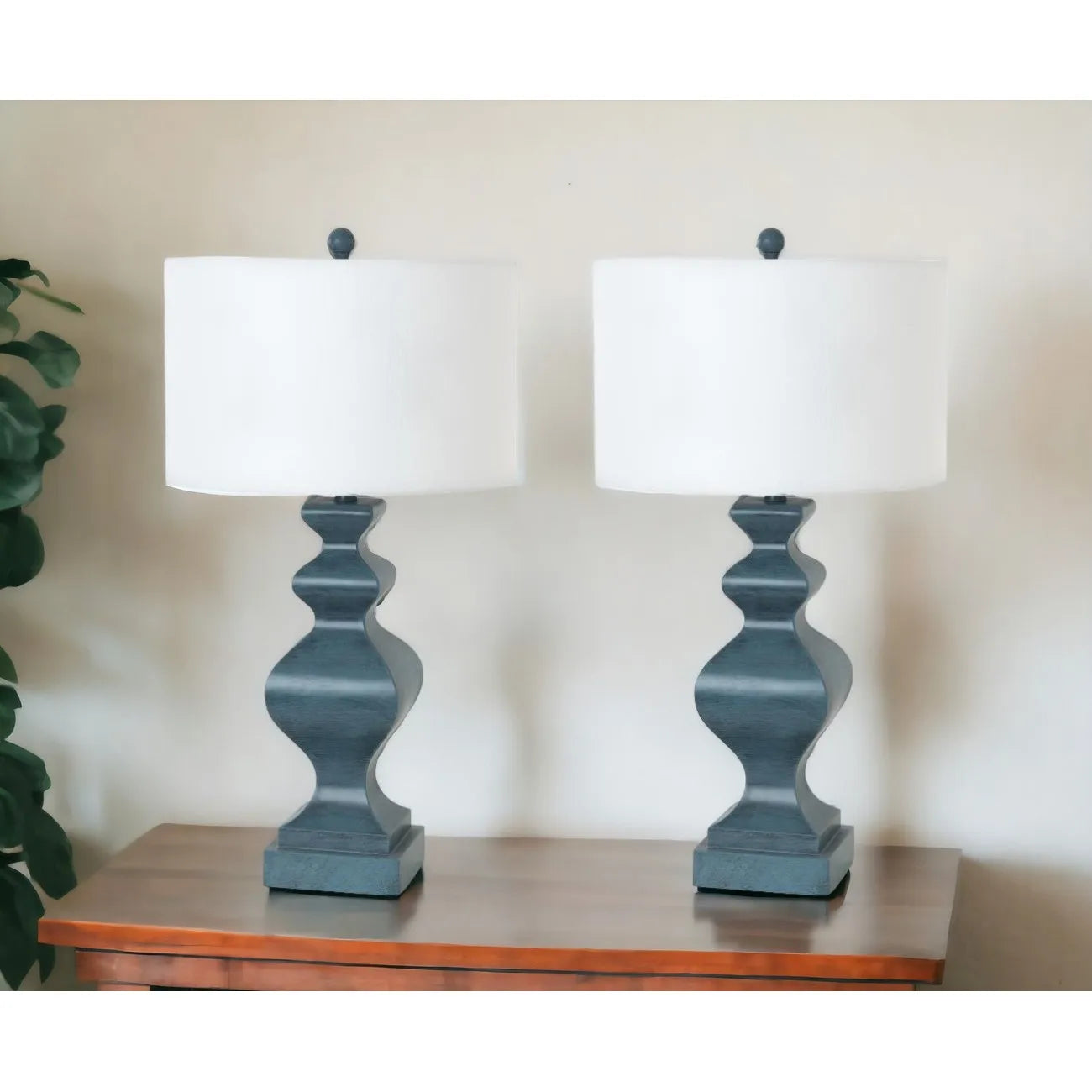 HMS Set Two 31" Distressed Teal Table Lamps White Drum Shade - Loft&Timber