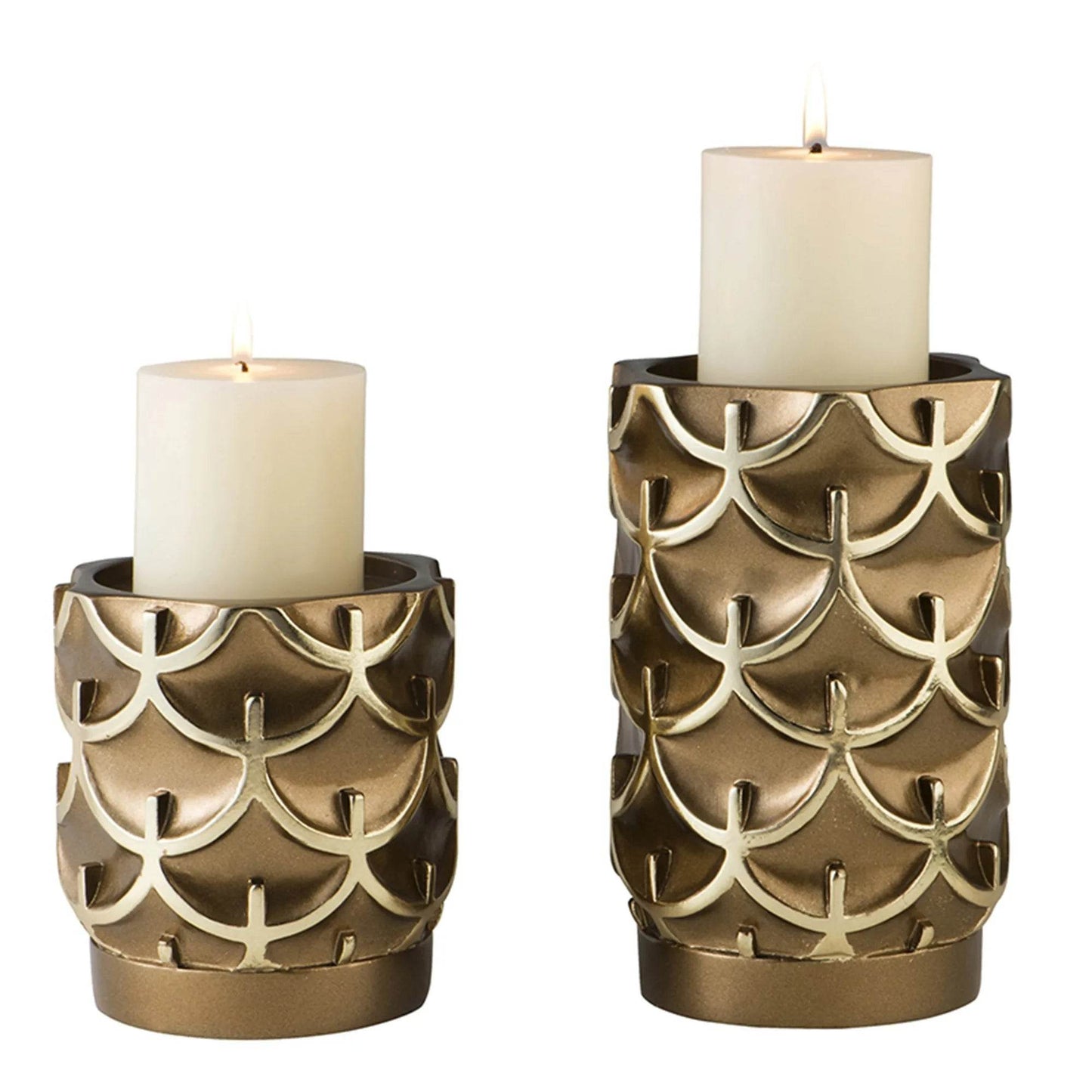 HMS Set of Two Antiqued Brass Tabletop Pillar Candle Holders - Loft&Timber