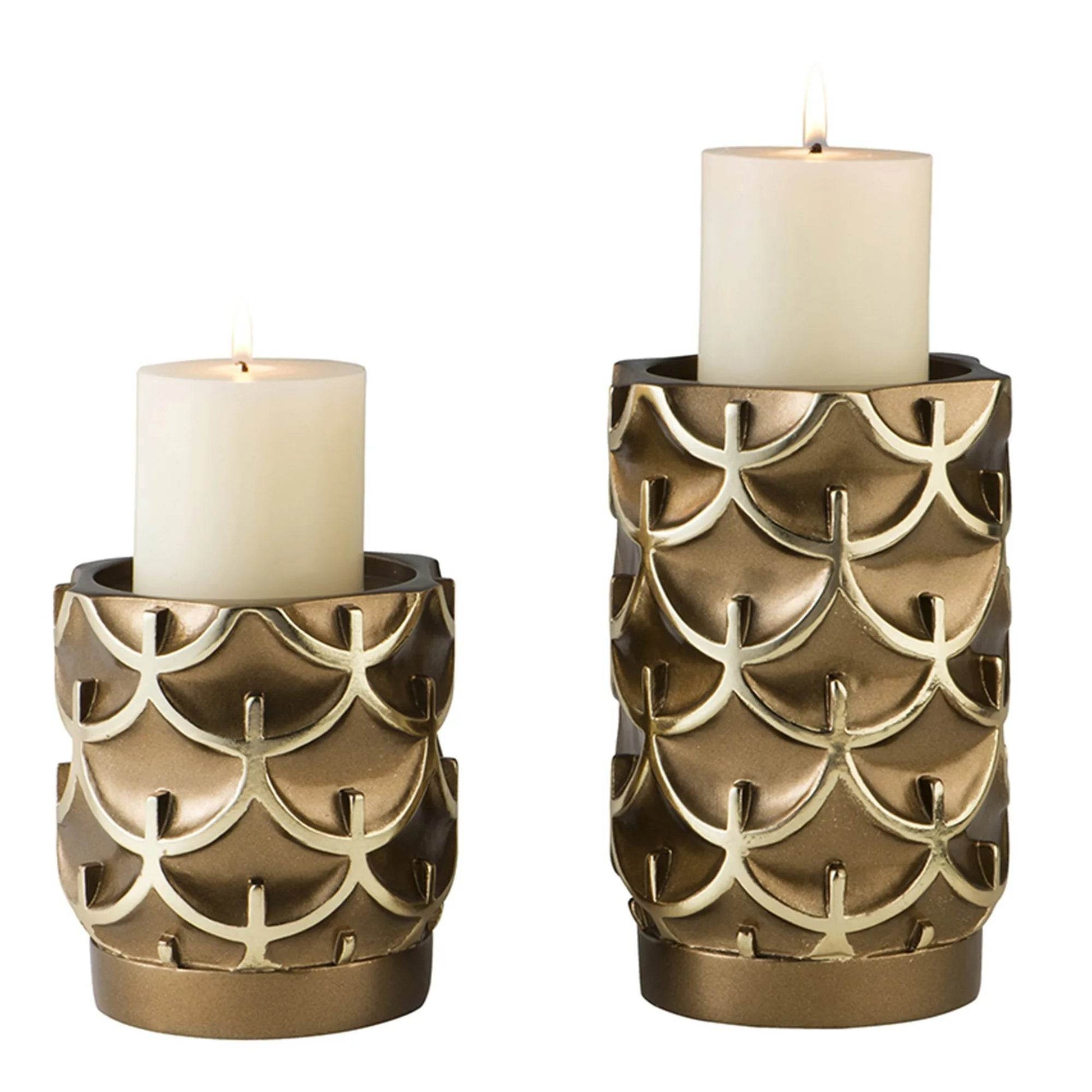 HMS Set of Two Antiqued Brass Tabletop Pillar Candle Holders - Loft&Timber