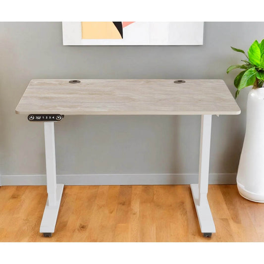 HMS Adjustable Rolling Computer Desk in Khaki and White Wood - Loft&Timber