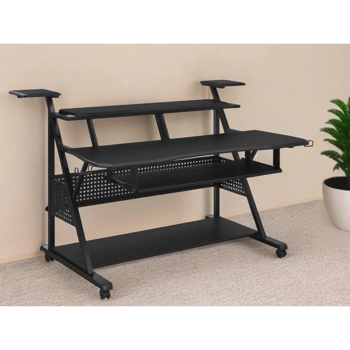 HMS 67" Black Solid Wood and Metal Rolling Desk - Loft&Timber