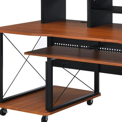 HMS 72" Brown and Black Wood and Metal Rolling Computer Desk - Loft&Timber