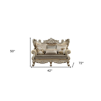 HMS 72" Cream Platinum Damask Chesterfield Loveseat with Toss Pillows - Loft&Timber