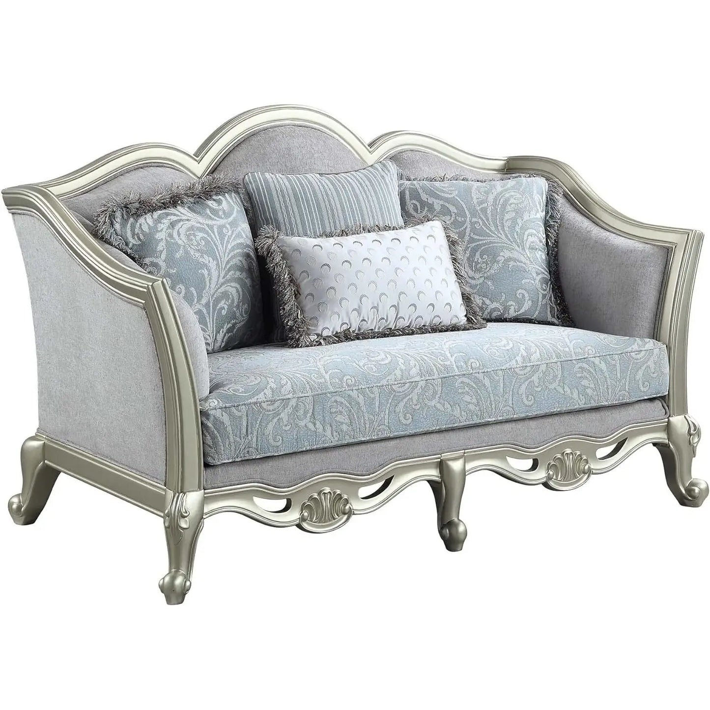 HMS 66" Light Gray and Champagne Damask Loveseat and Toss Pillows - Loft&Timber