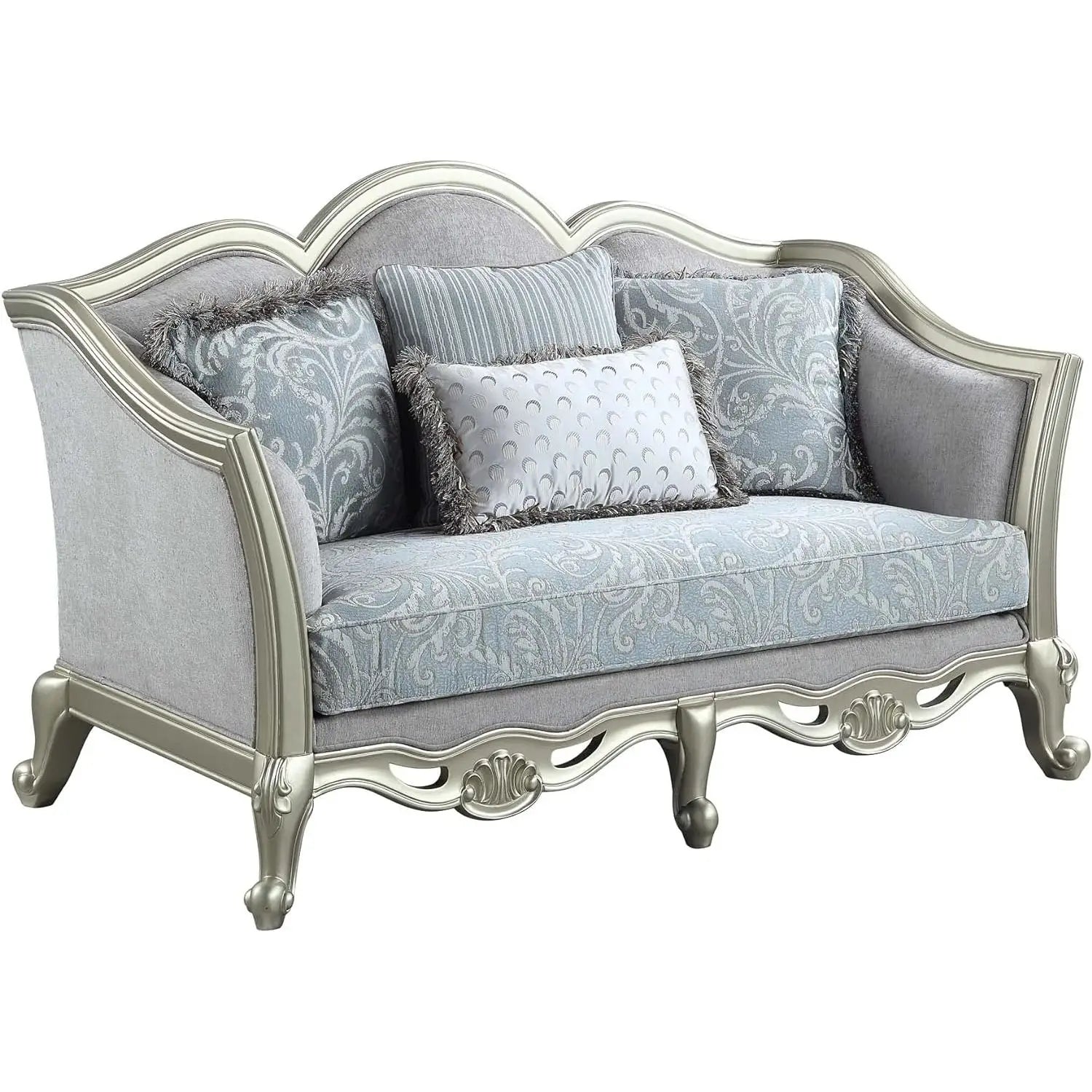 HMS 66" Light Gray and Champagne Damask Loveseat and Toss Pillows - Loft&Timber